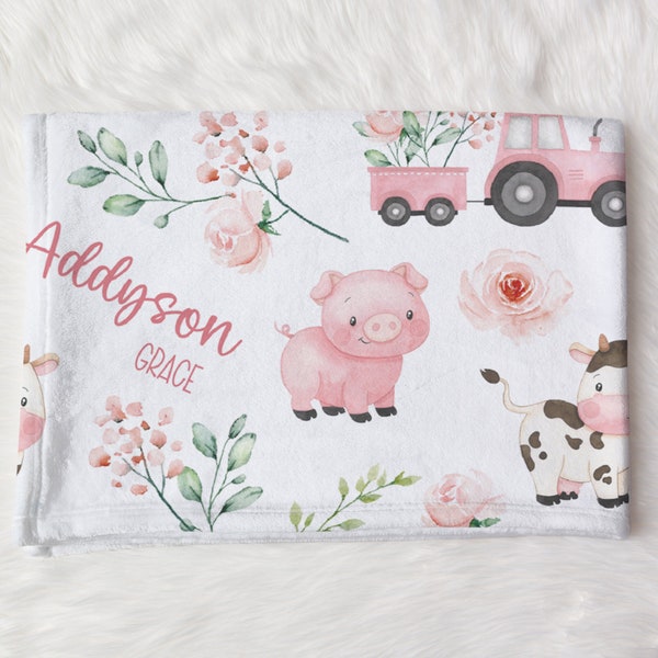 Custom Baby Girl Swaddle, Floral Farm Animals Name Blanket, Pink Tractor Name Swaddle, Pig, Cow Swaddle, Newborn Gift, Farm Baby Shower Gift