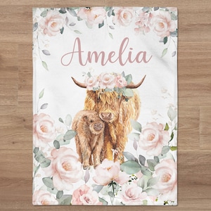 Personalized Highland Cow Girl Name Blanket | Floral Blanket | Pink Roses Name Blanket |  Custom Flowers Theme Nursery | Baby Shower Gift