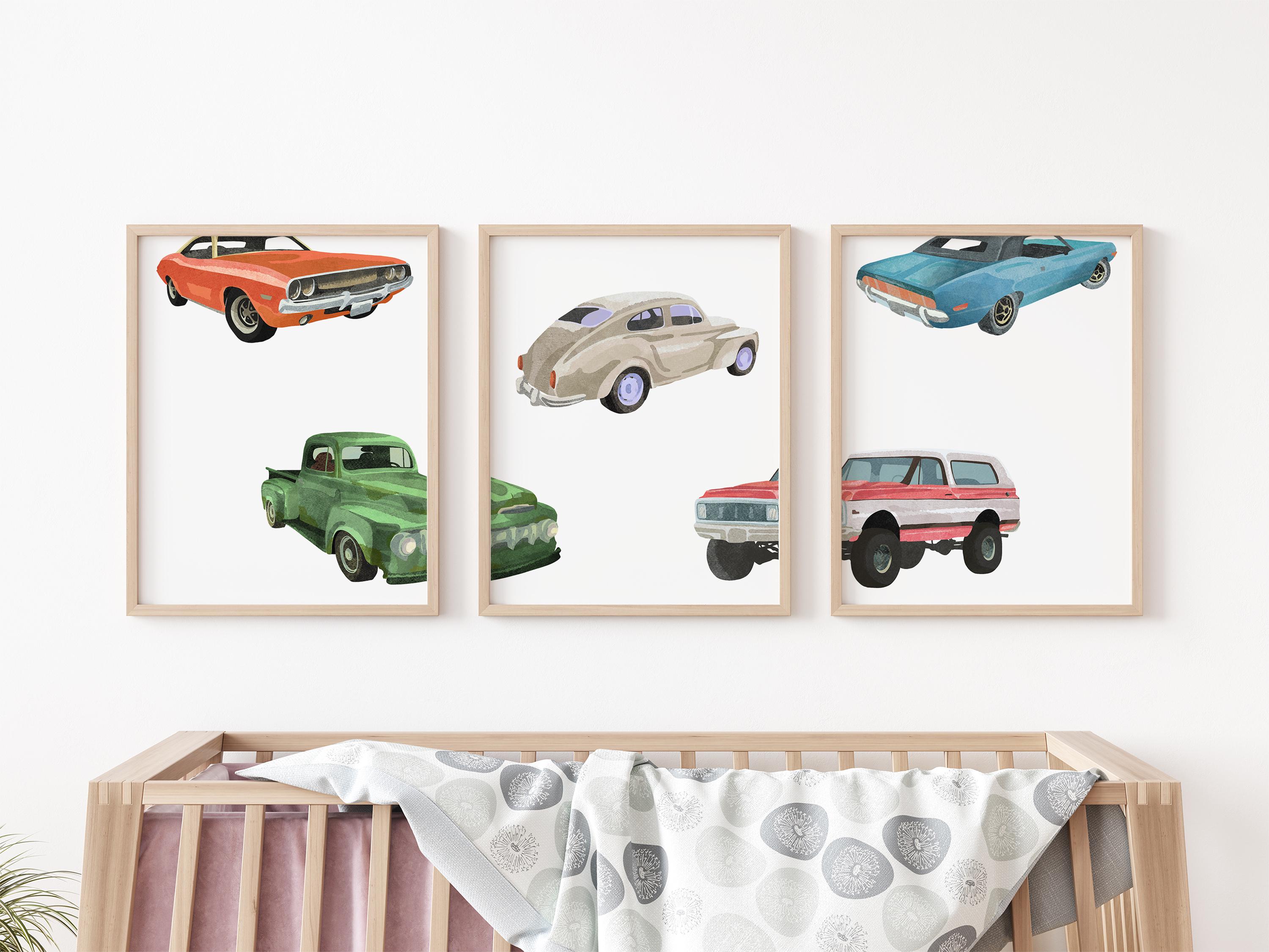 Cars Collection Print Set of 3 Vintage Cars Prints, Old Cars Wall Art Set, Retro Car Posters ...