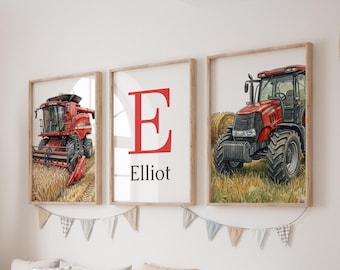 Set of 3 Farm Prints, Tractor, Combine & Personalized Name Print, Boys Nursery Wall Art, Custom Name Farm Decor