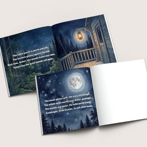 May include: Open book with illustrations of a cabin porch at night and a full moon. Text on the pages reads: "The cabin porch is warm and still...Goodnight, little hunter, in soft silver beams."