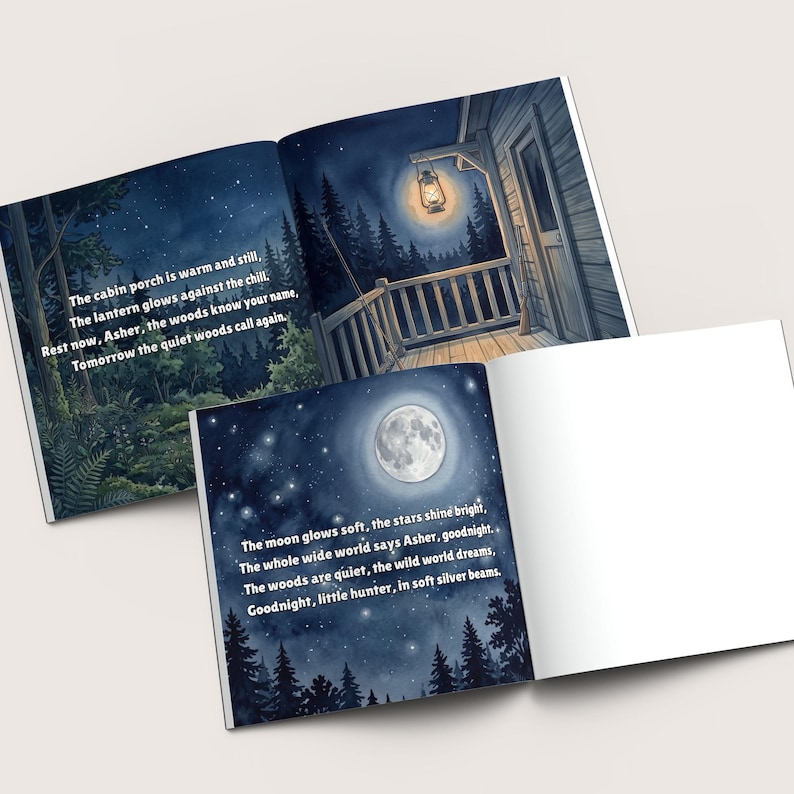 May include: Open book with illustrations of a cabin porch at night and a full moon. Text on the pages reads: "The cabin porch is warm and still...Goodnight, little hunter, in soft silver beams."