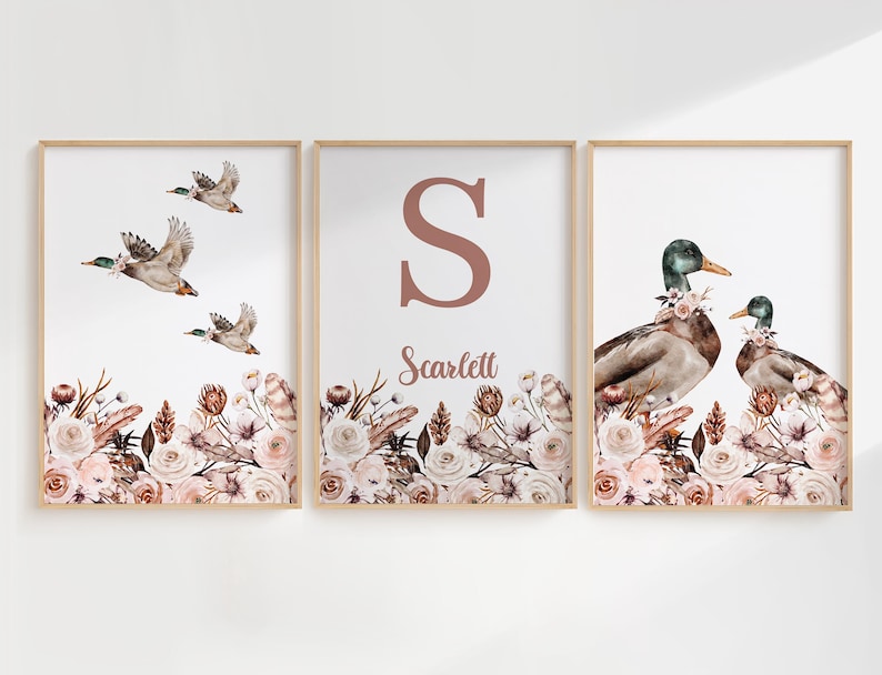 Impressions personnalisées de canard colvert, lot de 3 fleurs d'art mural pour chambre d'enfant, bohème, décoration de chambre de bébé fille, fleurs aquarelles, nom personnalisé signe image 3