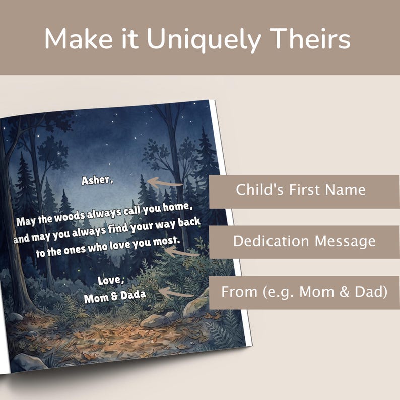 May include: A personalized children's book page with a forest illustration. The text reads "Asher, May the woods always call you home, and may you always find your way back to the ones who love you most. Love, Mom & Dada."