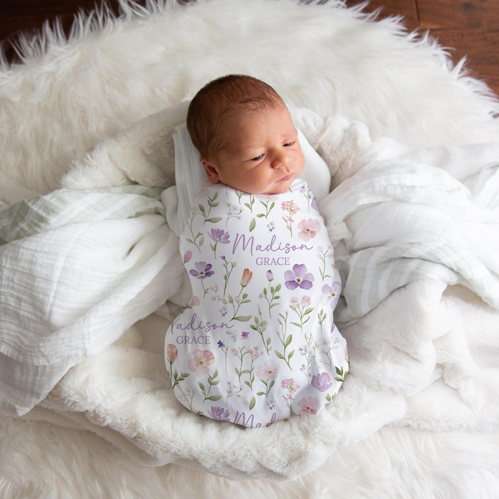 Personalized Flower Swaddle Blanket Purple Floral Name Blanket