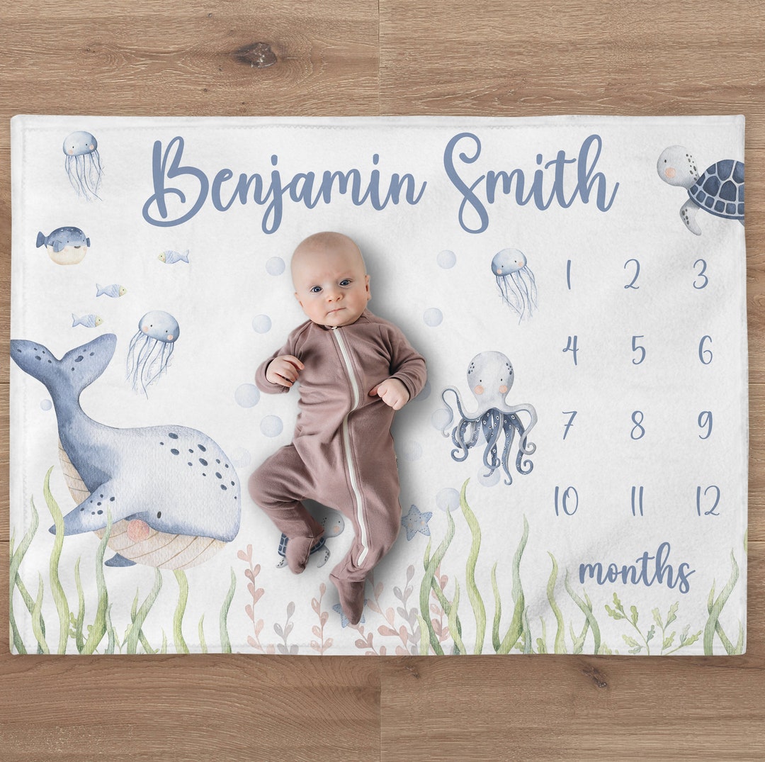 Ocean Milestone Blanket, Custom Baby Boy Under the Sea Baby Name