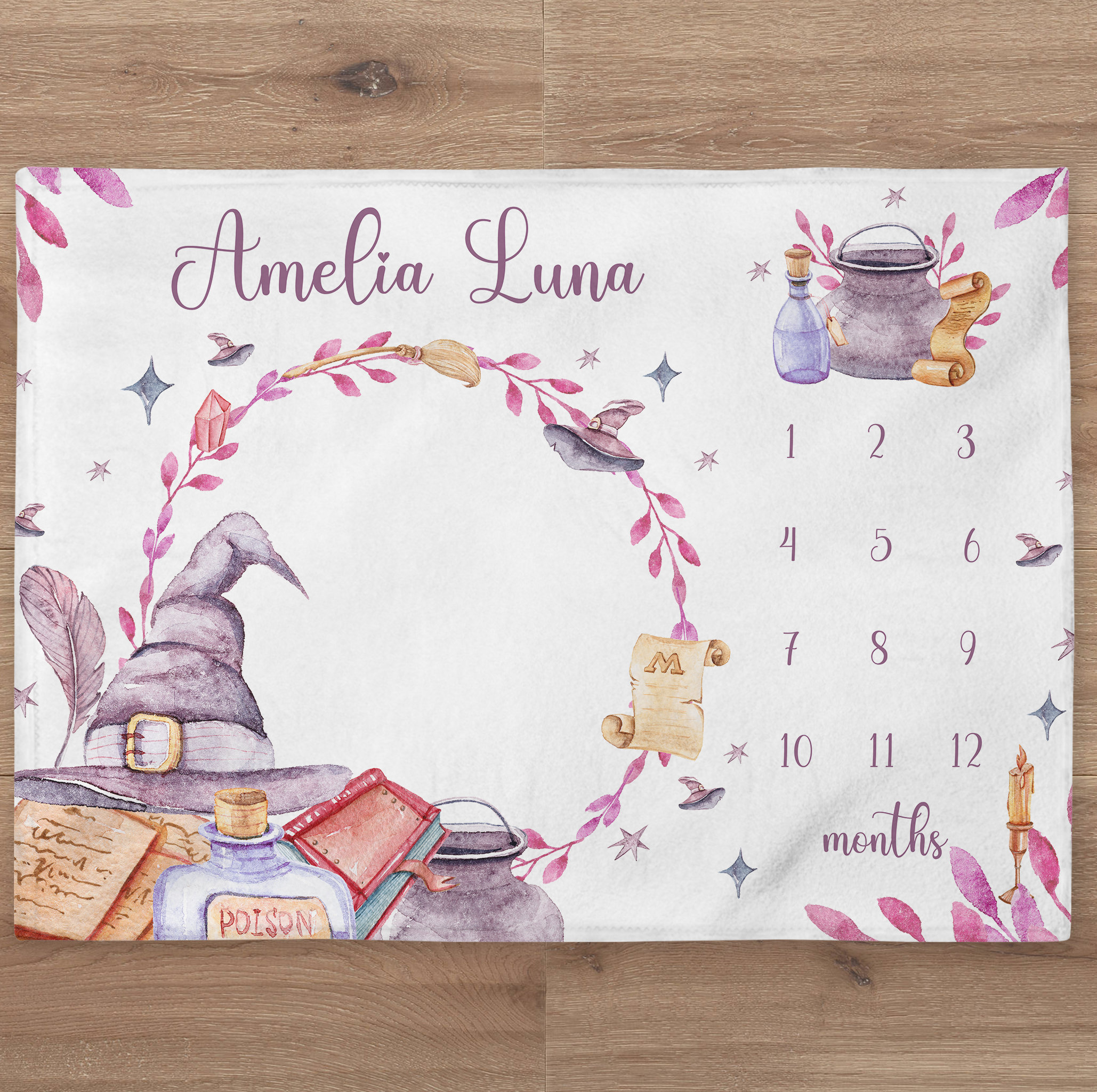Magic Milestone Blanket Personalized Baby Girl Month Blanket Witch Nursery Custom Wizard Growth Tracker Blanket New Mom Baby Shower Gift