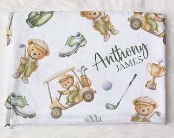 Personalized Golf Swaddle Blanket For Baby Shower, Custom Teddy Bear Newborn Baby Boy Gift, Gol Toddler Name Blanket, Coming Home Outfit