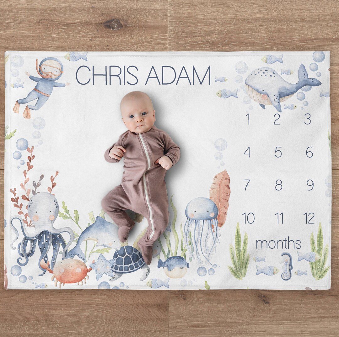 Ocean Milestone Blanket, Custom Baby Boy Under the Sea Baby Name ...
