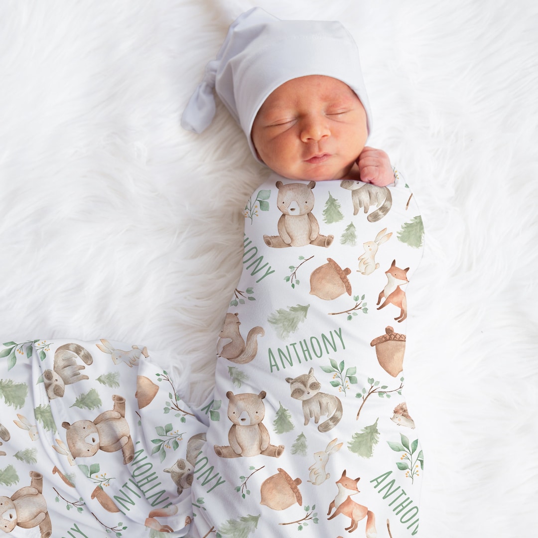 Custom Woodland Baby Name Blanket Personalized Baby Boy Bear Etsy