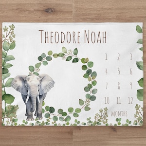 Elephant Milestone Blanket Personalized Safari Baby Boy Month Blanket Custom Jungle Age Newborn Calendar Tracker New Baby Shower Gift