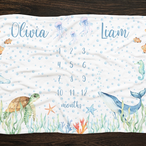 Ocean Twins Milestone Blanket, Personalized Whale Turtle Fish Twin Month Blanket, Under the Sea Blanket For Twins, Twins Baby Shower Gift