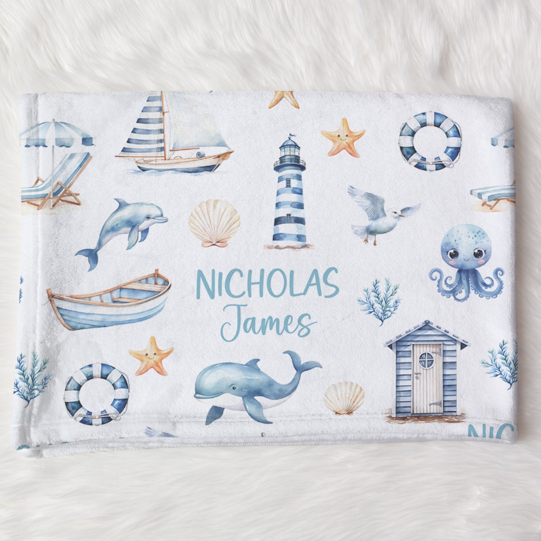 Custom Nautical Baby Name Blanket Personalized Blue Sea Animals Swaddle ...