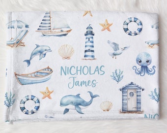 Custom Nautical Baby Name Blanket Personalized Blue Sea Animals Swaddle Hospital Blanket New Mom Gift Ocean Baby Shower Gift Toddler Blanket