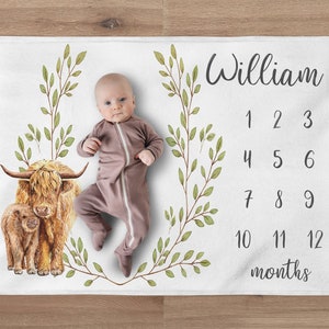 Highland Cow Milestone Blanket, Farm Boy Blanket, Personalized Greenery Wreath Baby Boy Month Blanket, Newborn Gift, Baby Shower Gift