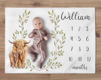 Highland Cow Milestone Blanket, Farm Boy Blanket, Personalized Greenery Wreath Baby Boy Month Blanket, Newborn Gift, Baby Shower Gift