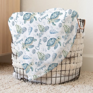 Custom Turtle Baby Name Blanket Personalized Ocean Animal Swaddle Hospital Blanket New Mom Gift Newborn Gift Under The Sea Baby Shower Gift