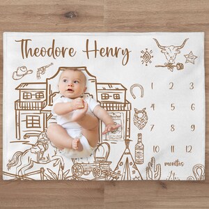 Western Milestone Blanket, Personalized Cowboy Baby Boy Month Blanket, Desert Nursery Custom Newborn Growth Tracker New Mom Baby Shower Gift