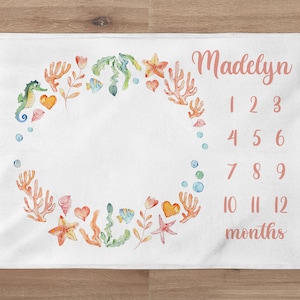 Under The Sea Girl Milestone Blanket, Personalized Ocean Milestone Monthly Baby Blanket, Ocean Nursery, Mermaid Baby Shower Gift