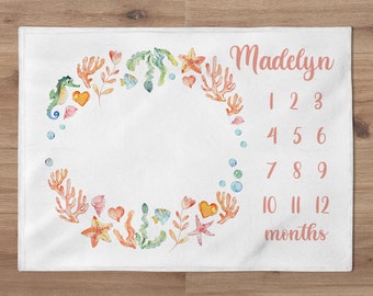 Under The Sea Girl Milestone Blanket, Personalized Ocean Milestone Monthly Baby Blanket, Ocean Nursery, Mermaid Baby Shower Gift