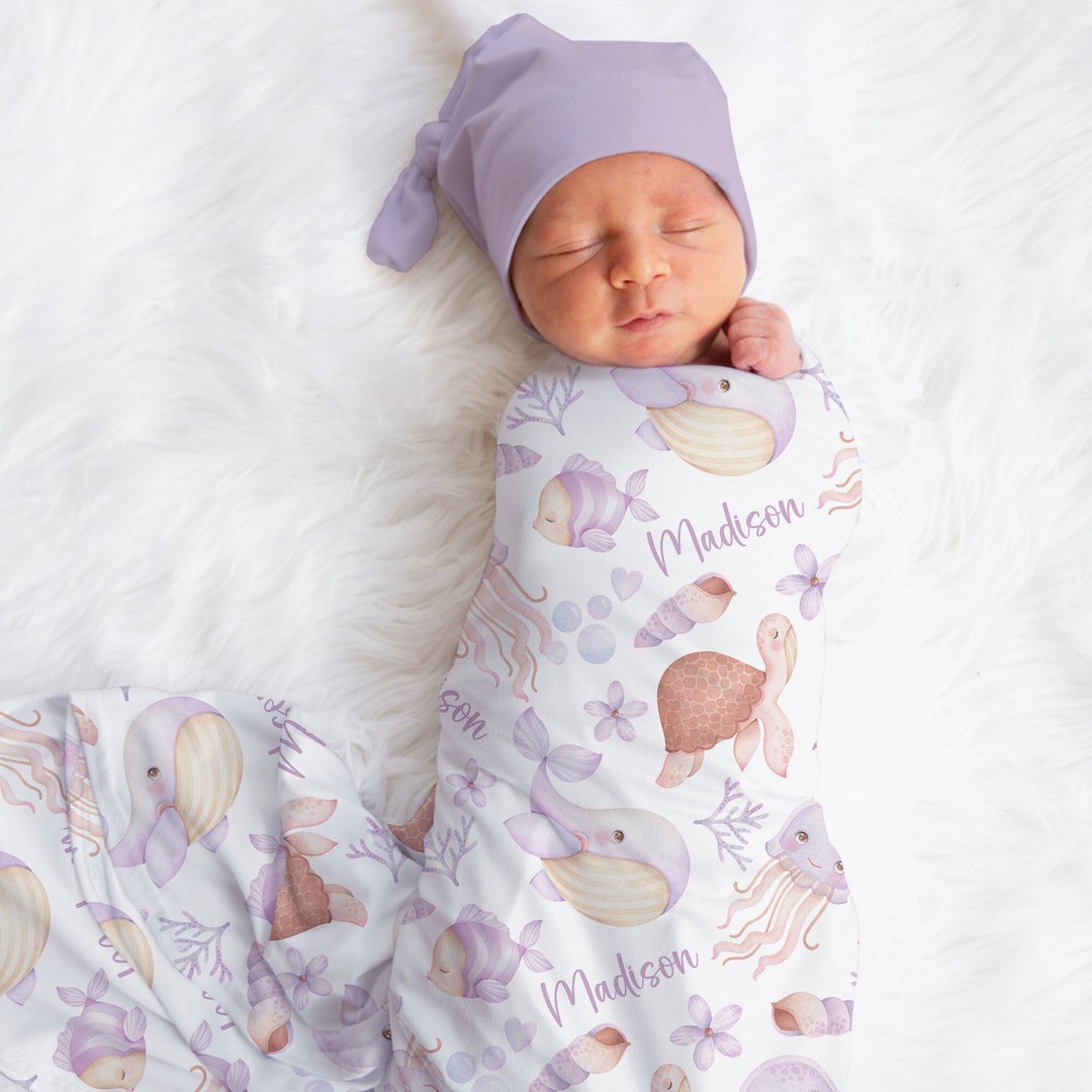 Custom Ocean Baby Name Blanket Personalized Purple Sea Animals Swaddle ...