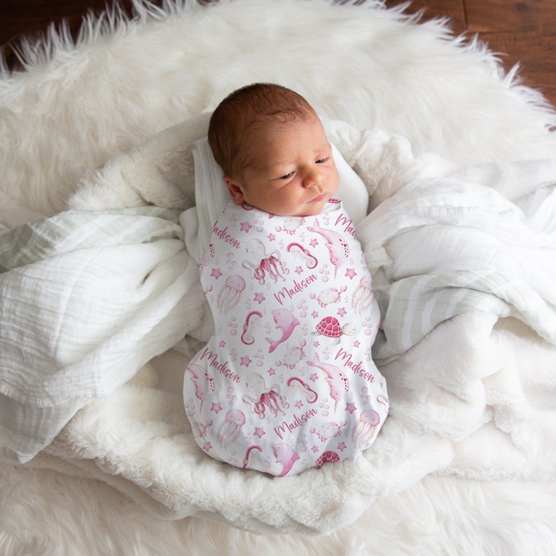 Custom Ocean Baby Name Blanket Personalized Pink Turtle Sea Animals ...