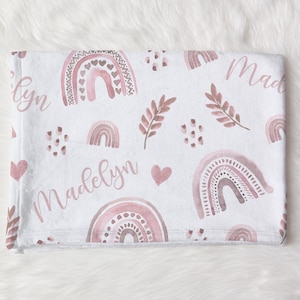 Custom Boho Rainbow Baby Name Blanket, Personalized Baby Girl Swaddle, Pink Rainbow Name Blanket, New Mom Gift, Baby Shower Gift