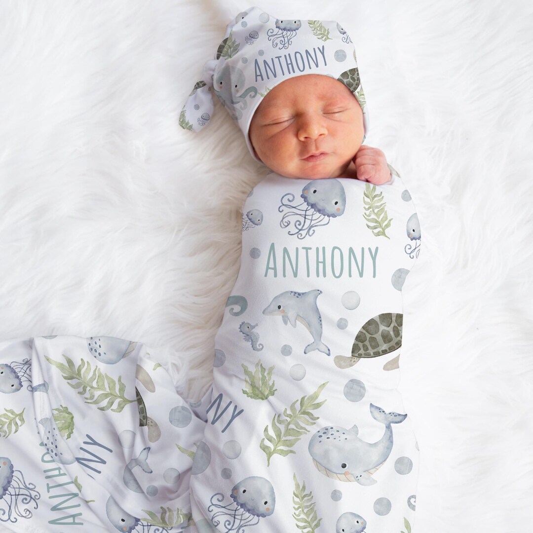 Personalized Ocean Animals Swaddle Blanket for Baby Shower, Custom ...