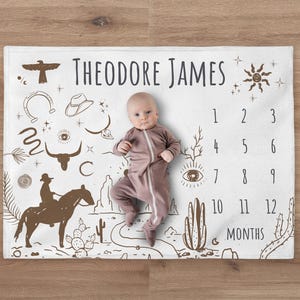 Western Milestone Blanket, Personalized Cowboy Baby Boy Month Blanket, Desert Nursery Custom Newborn Growth Tracker New Mom Baby Shower Gift