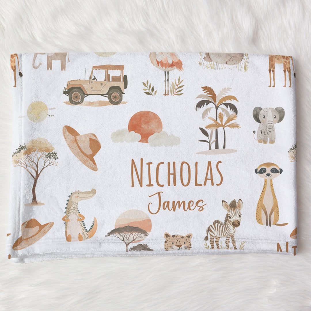 Custom Safari Truck Baby Name Blanket Personalized Elephant Giraffe ...