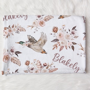 Mallard Duck Swaddle, Personalized Baby Gift, Boho Flowers Baby Name Blanket, Floral Swaddle, Baby Girl Hospital Outfit, Baby Shower Gift