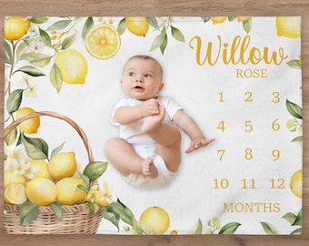 Lemon Milestone Blanket, Personalized Flower Baby Girl Month Blanket, Fruits Nursery Custom Newborn Growth Tracker, New Mom Baby Shower Gift