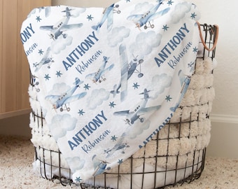 Airplane Nursery Baby Blanket, Personalized Aviation Name Swaddle Baby Shower Gift, Custom New Mom Hospital Blanket, Newborn Gift