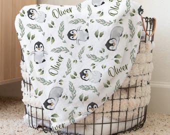 Personalized Penguins Swaddle Blanket Penguin Name Baby Blanket Newborn Baby Boy Coming Home Outfit Hospital Photo Outfit Baby Shower Gift