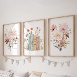 Set of 3 Floral Books Prints, Pink Flowers Wall Art Set, Books Posters, Modern Art, Kids Bedroom Decor, Girl Nursery Decor, Playroom Prints