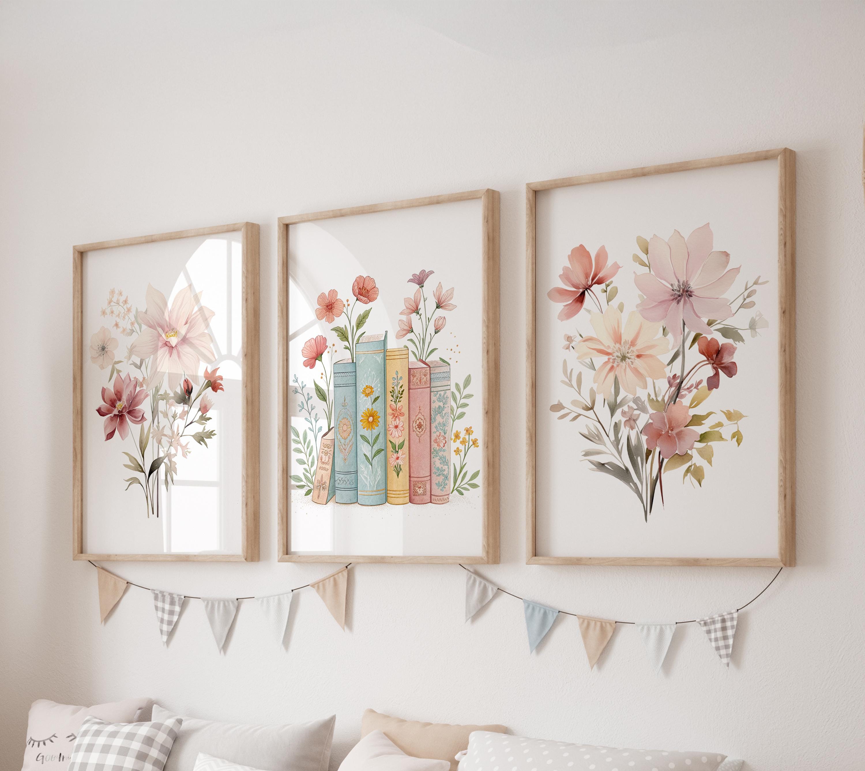 Set of 3 Floral Books Prints, Pink Flowers Wall Art Set, Books Posters, Modern Art, Kids Bedroom Decor, Girl Nursery Decor, Playroom Prints