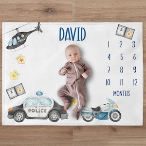 Baby Boy Police Milestone Blanket, Police Officer Name Blanket, Personalized Police Car Motorcycle Airplane Blanket, Baby Shower Gift