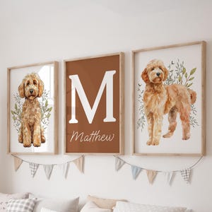 Custom Goldendoodle Prints, Set of 3 Dog Nursery Wall Art, Boho, Baby Boy Nursery Decor, Watercolor Clipart, Personalized Name Sign