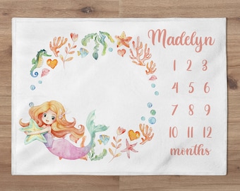 Ocean Mermaid Girl Milestone Blanket, Personalized Under The Sea Milestone Monthly Baby Blanket, Mermaid Nursery, Mermaid Baby Shower Gift