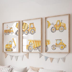 Set of 3 Construction Prints, Excavator Wall Art Set, Truck Posters, Modern Art, Kids Bedroom Decor, Boy Nursery Decor, Playroom Prints