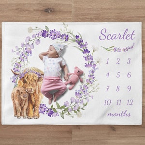 Flowers Milestone Blanket, Custom Highland Cow Girl Blanket, Personalized Levander Baby Month Blanket, Newborn Gift, Floral Baby Shower Gift
