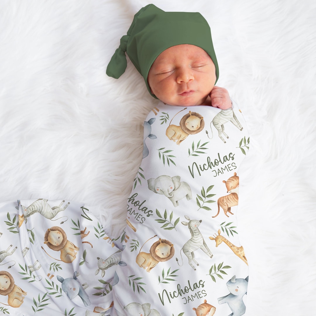 Custom Safari Animal Baby Name Blanket Personalized Elephant Giraffe ...