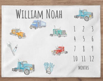 Truck Milestone Blanket Personalized Baby Boy Month Blanket Semi Truck Nursery Custom Age Growth Newborn Calendar  New Mom Baby Shower Gift