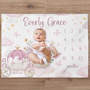 Princess Milestone Blanket, Personalized Castle Baby Girl Month Blanket, Nursery Custom Newborn Growth Tracker, New Mom Baby Shower Gift