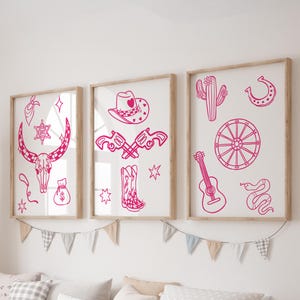Set of 3 Western Prints, Cowgirl Wall Art Set, Pink Guitar Posters, Modern Art, Kids Bedroom Decor, Girl Nursery Decor, Playroom Prints