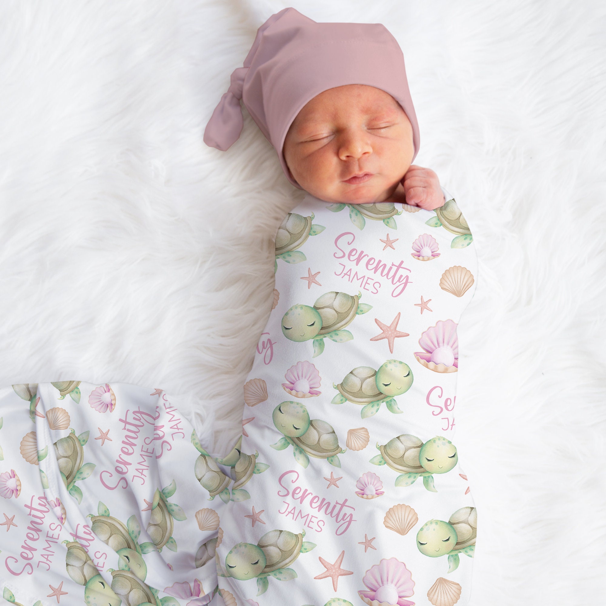 Custom Turtle Baby Name Blanket Personalized Ocean Animal Swaddle ...