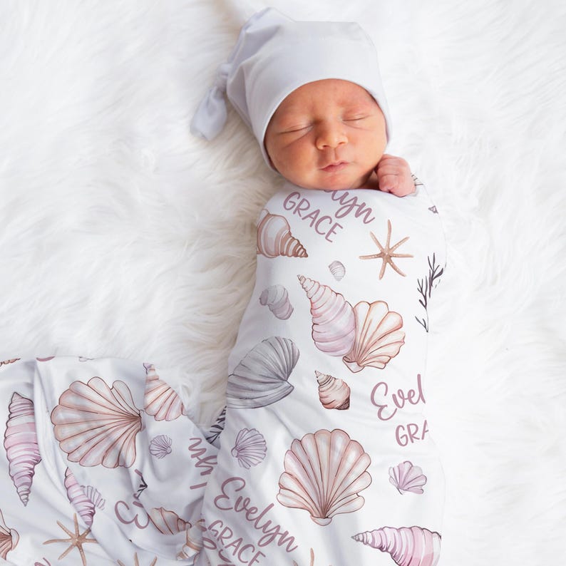 Custom Shells Swaddle Blanket Sea Shells Name Baby Blanket Ocean ...