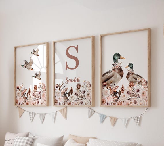 Custom Mallard Duck Prints, Set of 3 Flowers Nursery Wall Art, Boho, Baby Girl Nursery Decor, Watercolor flowers, Personalized Name Sign