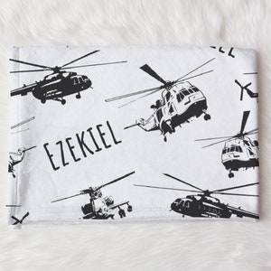 Custom Helicopter Name Blanket, Personalized Airplane Swaddle, Navy Helicopter Swaddle, New Mom Gift, Newborn Gift, Baby Shower Gift image 2