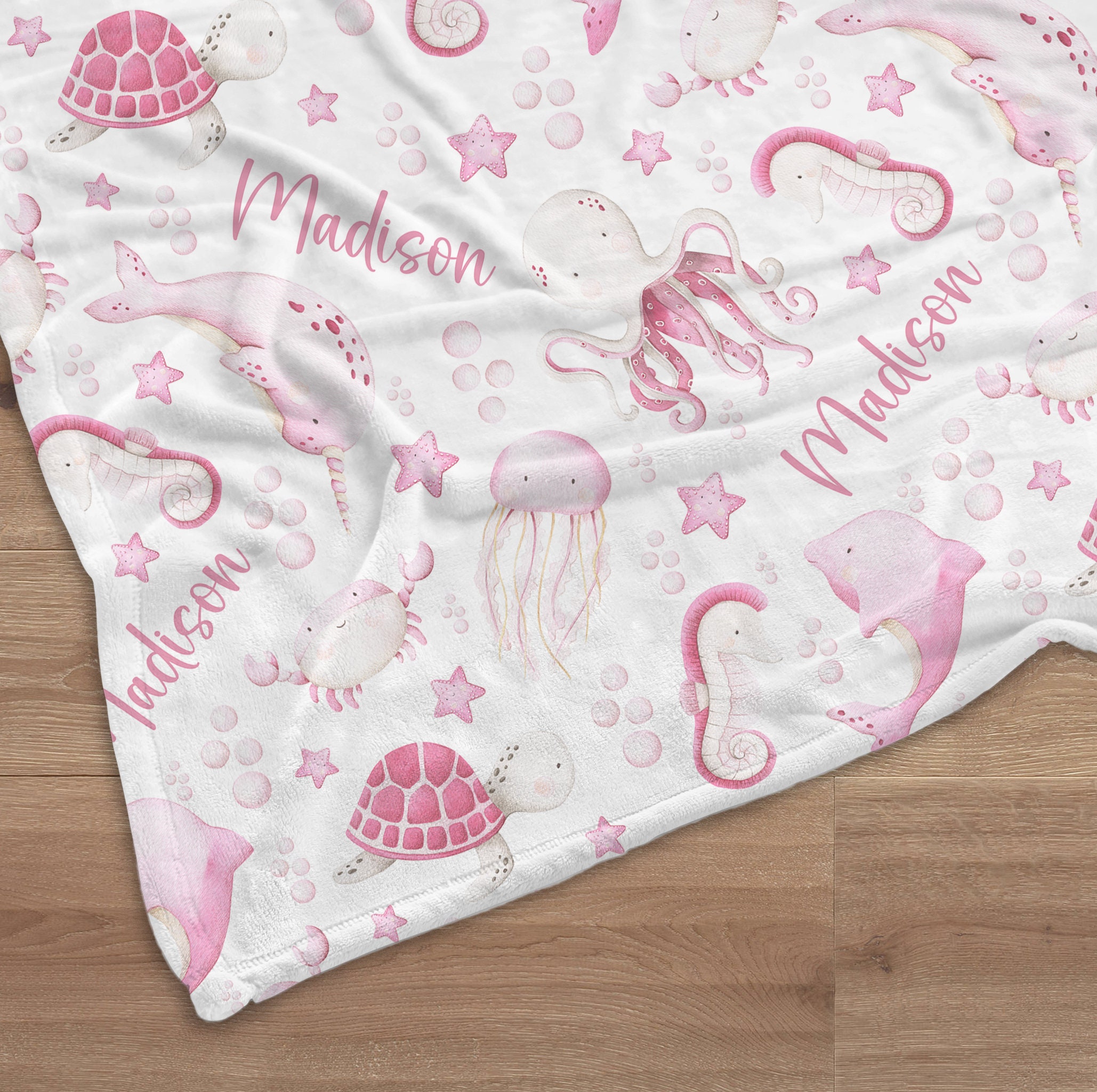 Custom Ocean Baby Name Blanket Personalized Pink Turtle Sea Animals ...